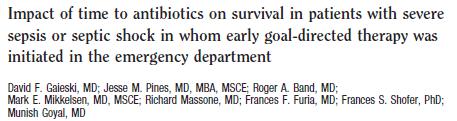 } To study the relationship between time to antibiotics and mortality in patients treated with EGDT in the ED } 261 patients } Average