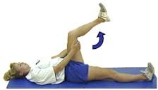 Hamstring Stretch (back thigh). Lie with one leg resting on the floor and the other thigh flexed up toward the ceiling.