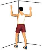 Corner Stretch (pectoral muscles - chest) Stand in a corner with your arms on the walls and one foot in front of the other.