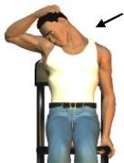 Armpit Stretch (side neck, top of shoulder and upper back) Sit tall while holding onto a chair with your hand. Grab the top of your head with the opposite hand.