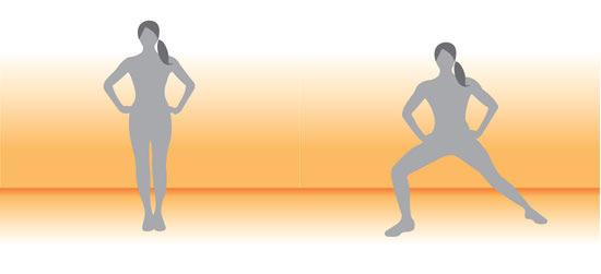 - Repeat with the other leg. - Do 10 for each leg. - Take a rest - Repeat 3 times. - Place hands on hips, feet together.