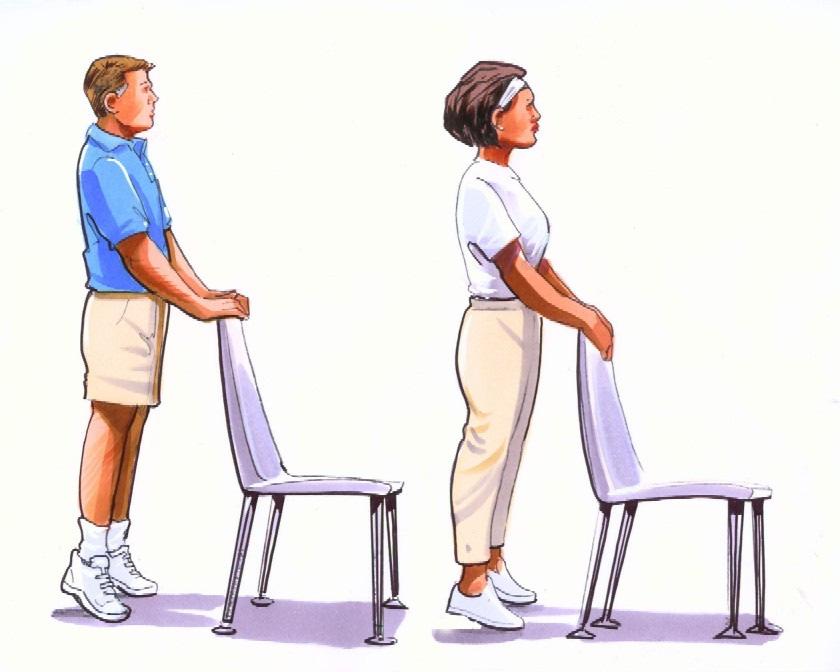 Calf Raises Push Ups 1. 2. Chair, table, or something else to hold on to. - Stand facing the chair, holding the back for support.