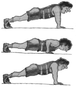 - Do this whole set 3 more times. - Lie on the floor with your toes curled, and hands flat under your chest. - Keep your back straight.