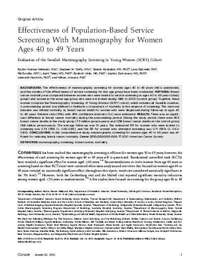 Effectiveness of Population-Based Service Screening With Mammography for Women Ages 40 to 49 Years Cancer 2010; published online: 29 SEP 2010