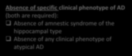 IWG-2 criteria for asymptomatic at risk Absence of specific clinical phenotype of AD (both are required): Absence of amnestic