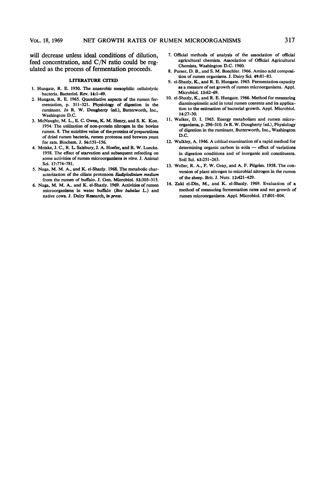 VOL. 18, 1969 NET GROWTH RATES OF RUMEN MICROORGANISMS 317 will decrease unless ideal conditions of dilution, feed concentration, and C/N ratio could be regulated as the process of fermentation