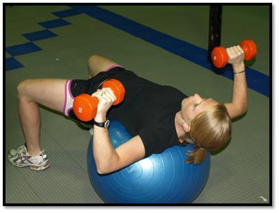 Chest Press- Chest, Shoulders, Triceps Rest head, neck, and shoulders on stability ball, feet wide and flat on ground, and dumbbell in each hand Bend arms so upper arm is parallel with ground With