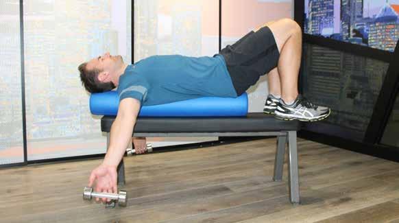 Pectoralis Major 08 Pectoralis Major Have the foam roller high on a bench to allow room for the arms to drop. Position the foam roller inline with the spine.