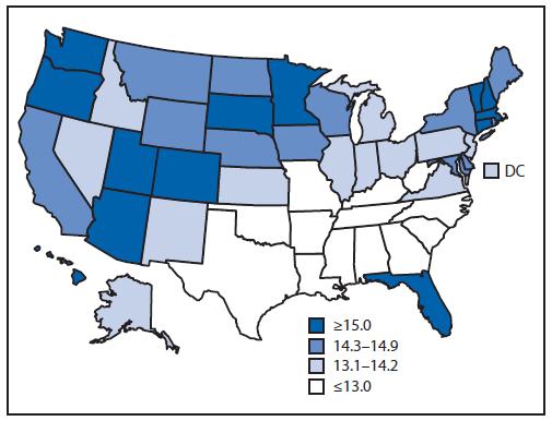 State-specific healthy life expectancy in years at age 65