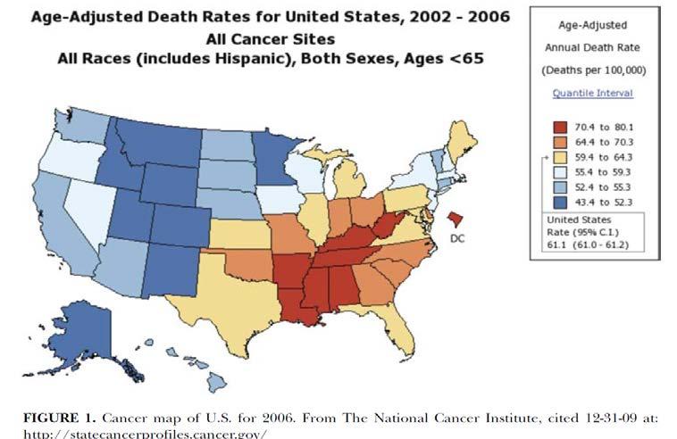 Cancer rate in US per 100,000 people according to National Cancer Institute