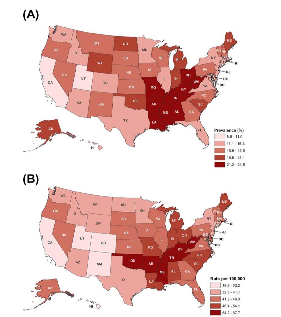 Adult Smoking Prevalence in 2016 (A) and