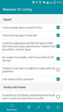 Suicide Prevention Resources Emergency or support services directly from the app.