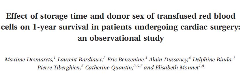 Similarly, a smaller study involving transfused cardiac surgery patients did not find an effect of donor sex (and storage