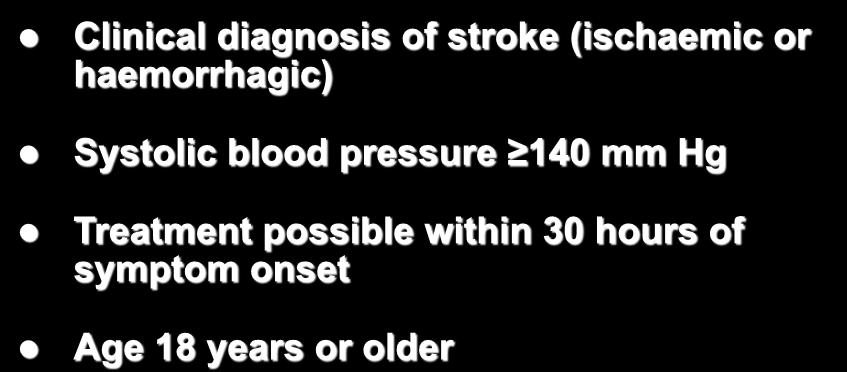 SCAST Study: Inclusion Criteria Clinical diagnosis of stroke (ischaemic or haemorrhagic) Systolic blood pressure 140