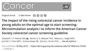 But increasing in the younger population Siegel et al. JNCI 2017 109(8). The impact of young adult colorectal cancer: incidence and trends in Colorado Sheneman D, Lieu C, et al.