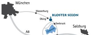How to reach us Kloster Seeon Kultur- und Bildungszentrum Klosterweg 1 D-83370 Seeon Phone ++49(0)8624-897-0 Fax ++49(0)8624-897-420 There will be a taxi shuttle (1pm +3pm) from the Munich airport