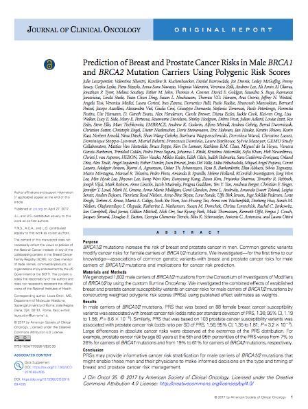 PRS Modifies BRCA1/2 Effect in PCa 1,802 male carriers of BRCA1/2 mutations Risk is 40% for BRCA2 carriers