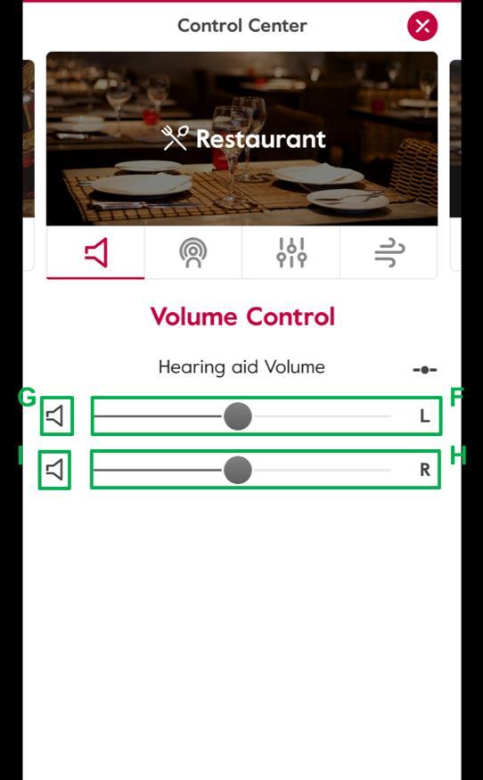 In the Control Center, the user can regulate the volume of the left/right hearing aid independently, interacting with the corresponding volume slider ( F and H in Figure 4) as it can mute only the