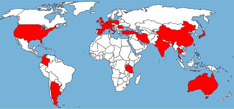Global Emergence of Azole Resistance in Aspergillus fumigatus New reports (especially with TR/mutations): Italy, Tanzania, Sweden, Kuwait, Poland, Japan, France, China, Germany, Australia, Colombia,