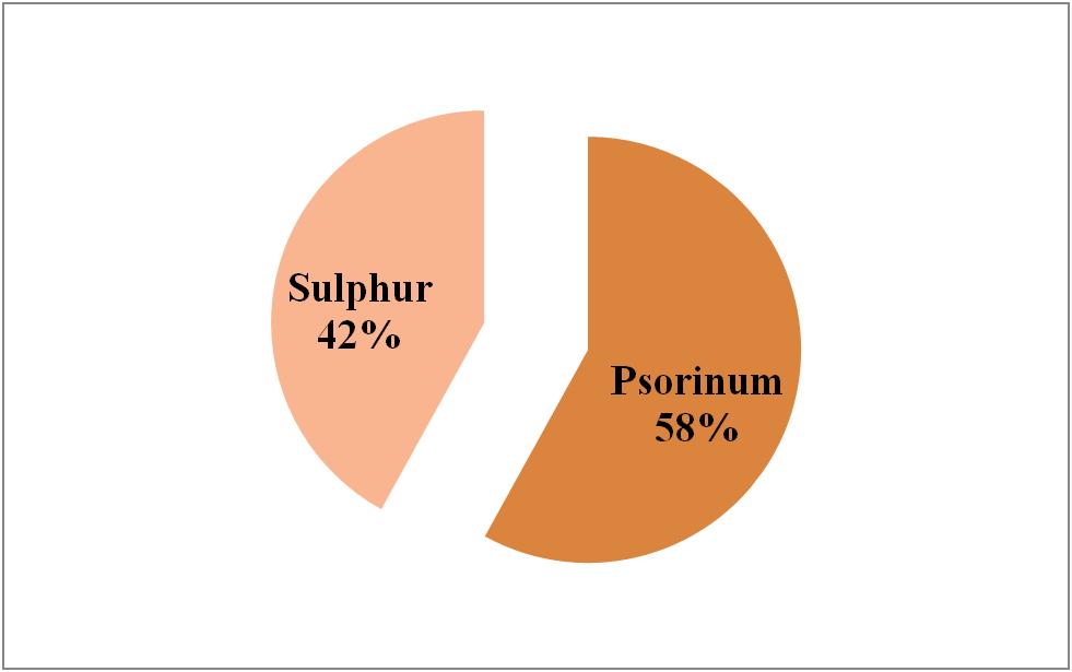 Figure -5 Table No. 15 Sulphur and Psorinum Used in Study (Figure- 6) Total cases Psorinum used in No. of cases Sulphur used in No. of cases 112 65 (58.03) % 47 (41.