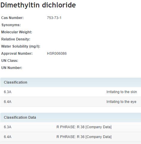 Dimethyltin dichloride: Published Classifications Skin Corrosion/Irritation 1B 2 1 Serious Eye Damage/Eye Irritation 2 1 New Zealand sourced their classifications from a company classification R38 +