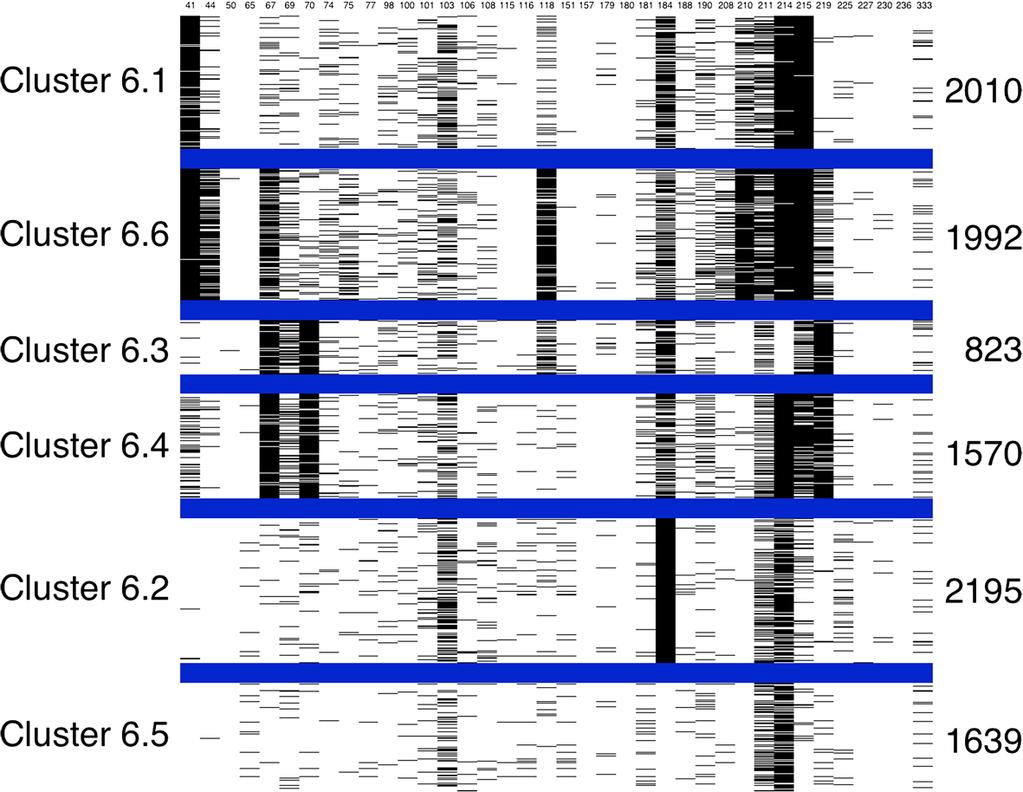 Ozahata et al. BMC Bioinformatics (2015) 16:35 Page 15 of 23 Figure 3 Black and white figure of kmeans clusters for subtype B sequences of the HIV reverse transcriptase.