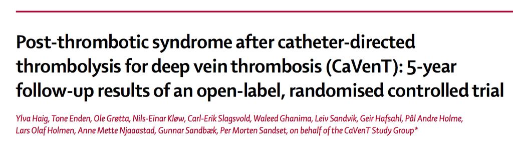 CaVenT 209 patients with first time iliofemoral DVT within 21 days from symptom onset CDT versus no CDT 5-year follow-up Data available for 176 patients (84%) Absolute reduction of PTS was 28% (95%