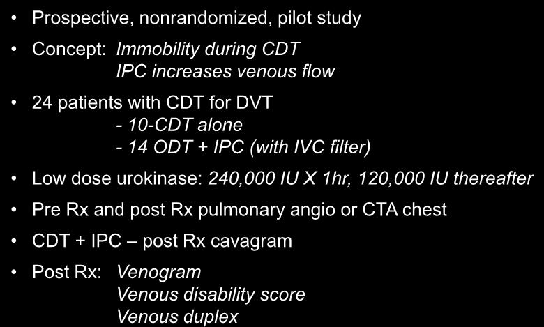 Optimal Utilization of Thrombolytics Intermittent Pneumatic Compression Prospective, nonrandomized, pilot study Concept: Immobility during CDT IPC increases venous flow 24 patients with CDT for DVT -