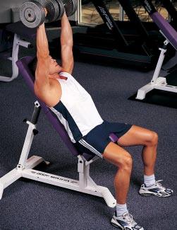Setting the incline bench at a steeper angle will place even more emphasis on the upper pecs. WHEN LIFTING heavy weights, try kicking them up to shoulder level using your knees to avoid back strain.