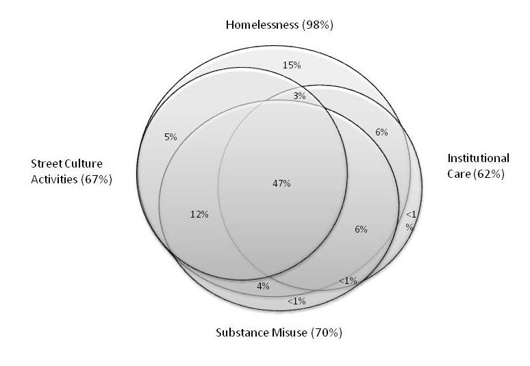 also very high, with almost half (47%) of service users having experienced all four domains. Figure 1: Overlaps Between Domains of Deep Social Exclusion Source: Census Questionnaire Survey, 2010.