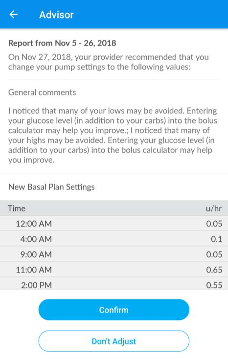 RESPOND TO RECOMMENDATIONS Recommendations labeled as Current require action to accept or decline the recommended insulin pump settings. Tap View on a Current recommendation.