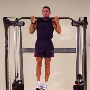 Row Motions Pull-up You can perform Pull-ups by grasping a sturdy bar with a firm overhand grip and your hands separated by a distance roughly equal to your shoulder width.