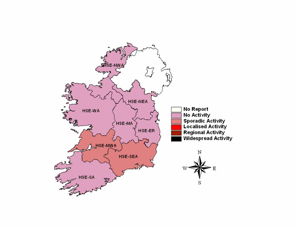 Regional Influenza Activity by HSE-Health Area Influenza activity is reported on a weekly basis from the Departments of Public Health.