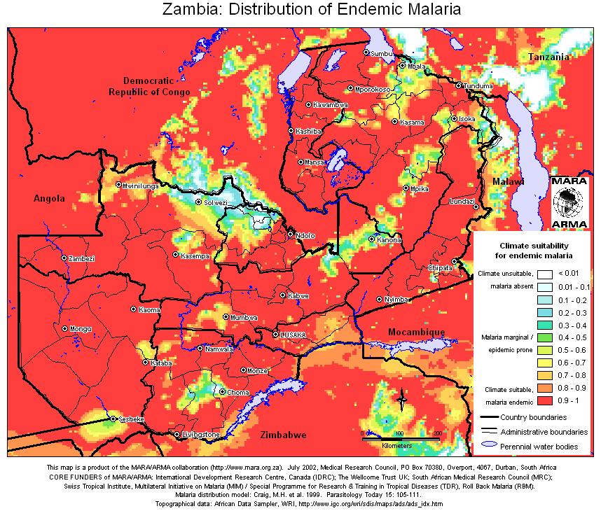 Fig.5: Climate Suitability for Malaria in Zambia In an attempt to validate and understand the epidemiological