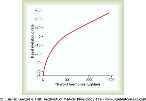 Approximate relation of daily rate of thyroid hormone (T4 and T3) secretion to