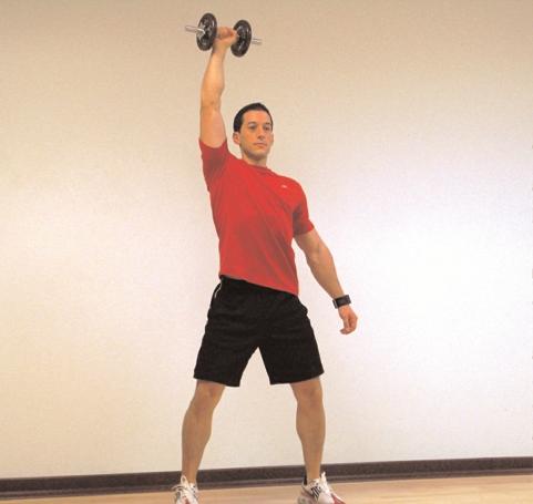 Stand up swinging the weight up above your head using your shoulder and hips.