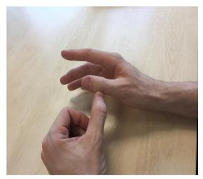 Exercise 1. Thumb Abduction/ Adduction Place hand sideways on a surface. Apply pressure over the base of the nail of the thumb, push thumb away from the palm. Repeat for 10 times.