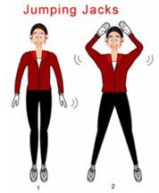 Jumping jacks Use light weighted dumbbells, if needed, keep knees soft and land on the balls of your feet Go