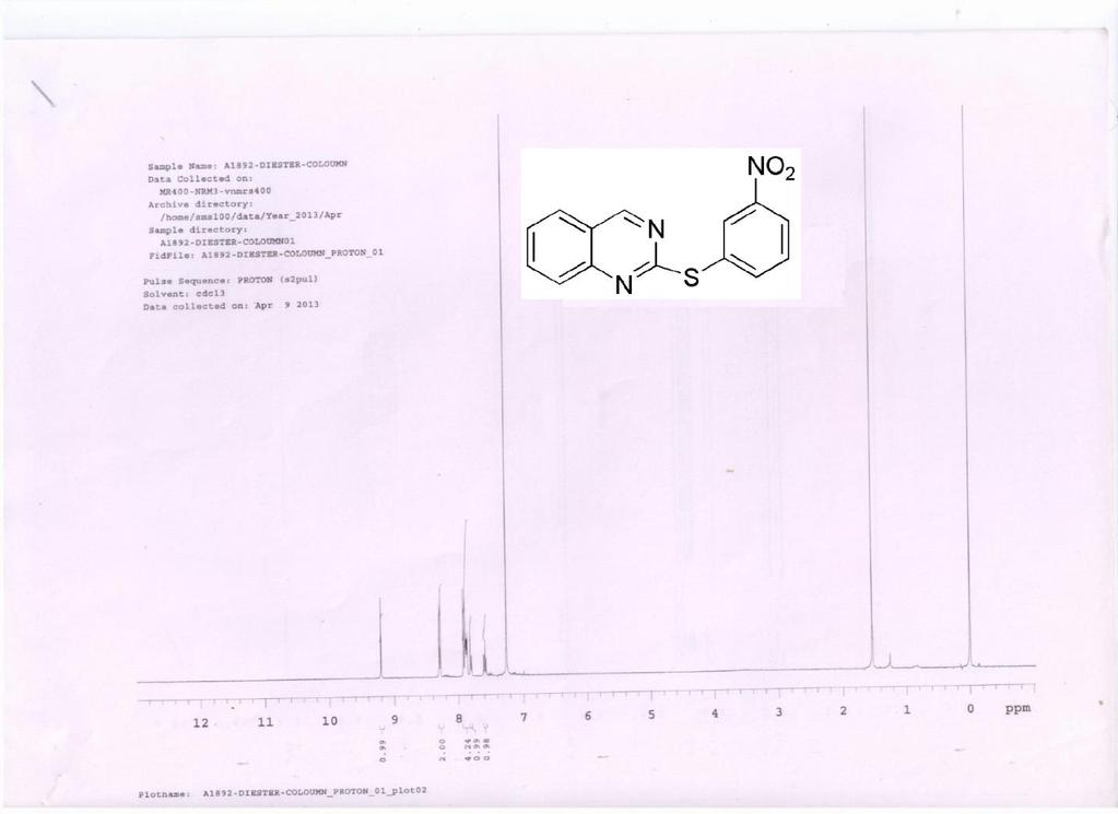 33 2.2f 2-(3-Nitro-phenylsulfanyl)-quinazoline (table 4, Entry f) Yellow solid [Yield: 152 mg, 88%] Rf : 0.6, 12 % EtOAc/Pet ether; Analysis: LC-MS: m/z C14H9N3O2S for (M+H): Calculated: 283.