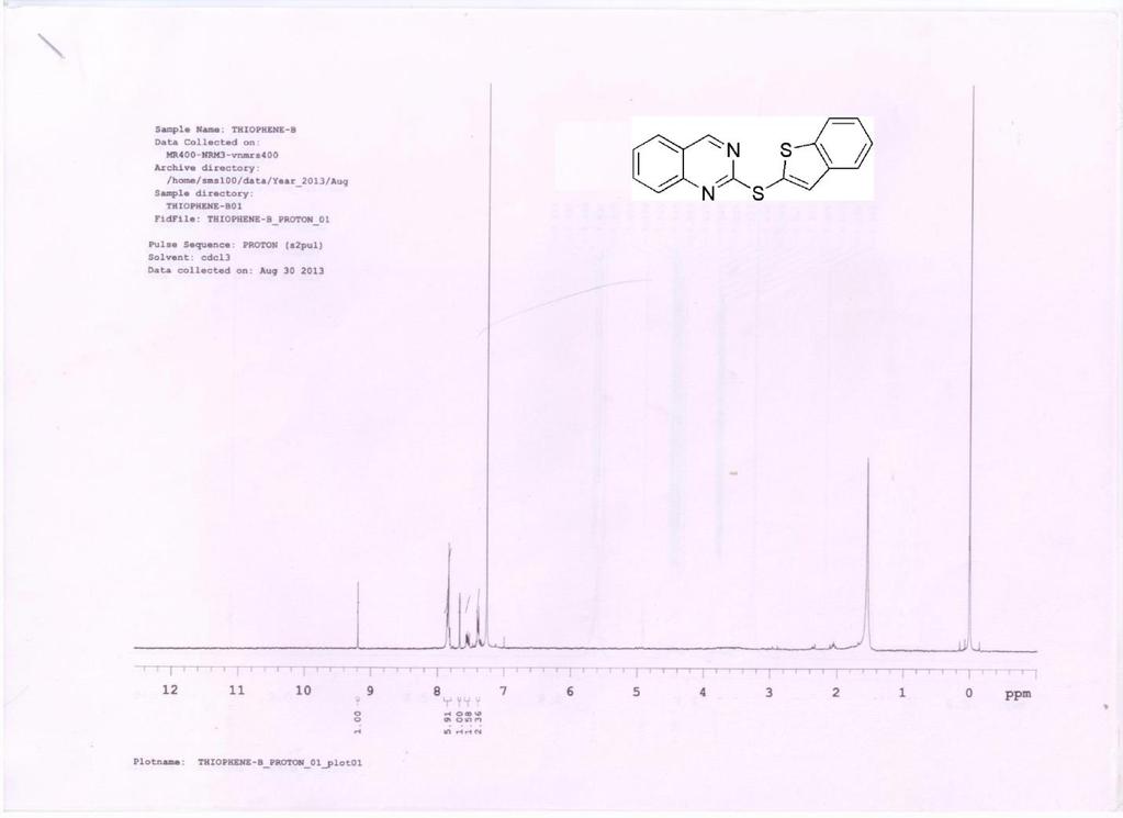44 2.2h 2-(benzo[b]thiophen-2-ylthio)quinazoline (table 4, Entry h): Yellow solid [Yield: 147 mg, 82%] Rf : 0.4, 17 % EtOAc/Pet ether; Analysis: LC-MS: m/z C16H10N2S2 for (M+H): Calculated: 294.