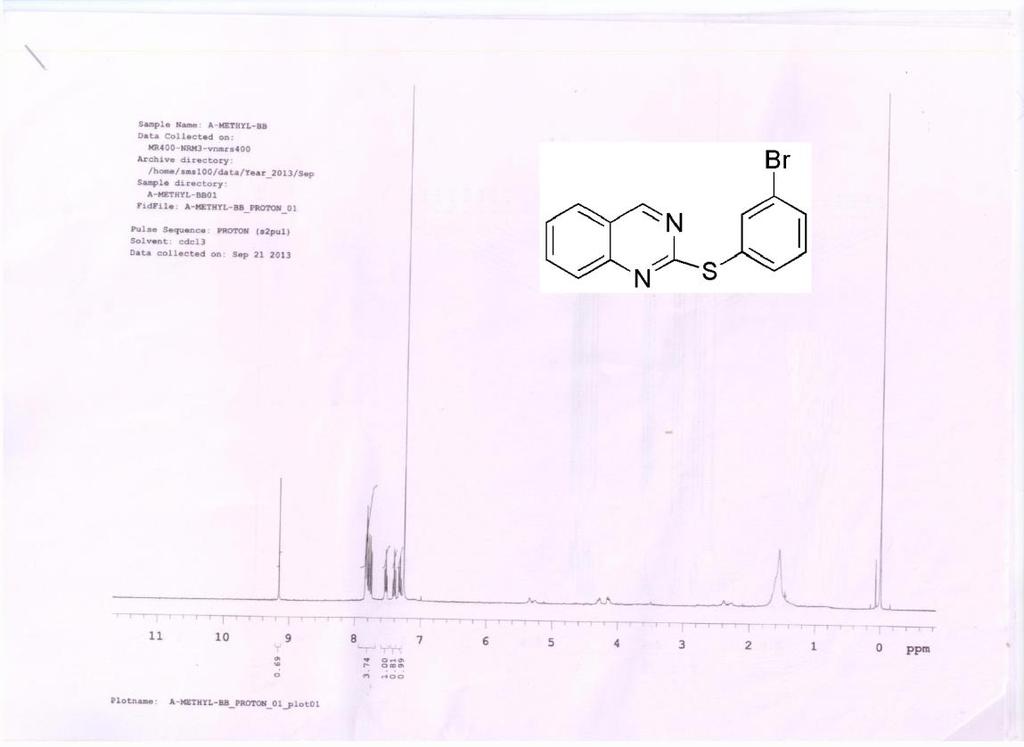 60 2.2l 2-((3-bromophenyl)thio) quinazoline (table 4, Entry l): Yellow thick mass [Yield: 158 mg, 82%] Rf : 0.8, 5 % EtOAc/Pet ether; Analysis: LC-MS: m/z C14H9BrN2S for (M+H, M+3H): Calculated: 315.