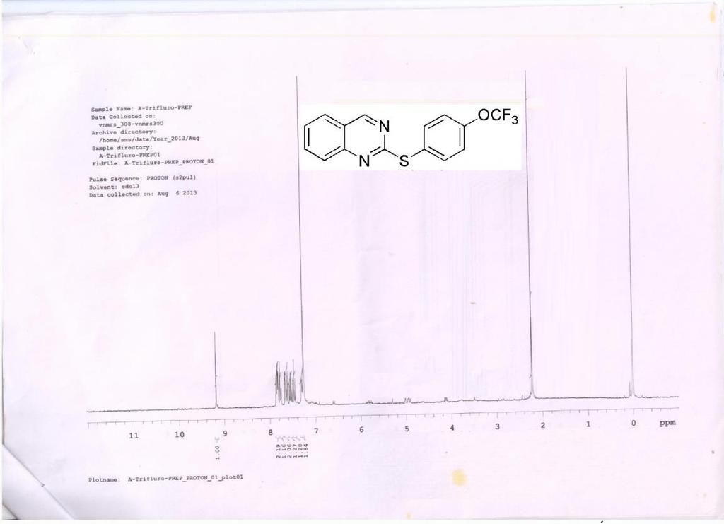 63 2.2m 2-(4-Trifluoromethoxy-phenylsulfanyl)-quinazoline (table 4, Entry m): Yellow oil [Yield: 149 mg, 76%] Rf : 0.