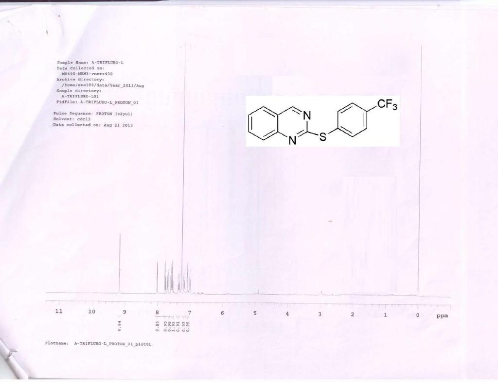 70 2.2o 2-((3-(trifluoromethyl)phenyl)thio)quinazoline (table 4, Entry o): Yellow thick mass [Yield: 149 mg, 80%] Rf : 0.