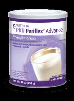 6 g of fat per 100 g of powder Meets protein requirements in lower volume when compared to Periflex Junior Plus Pleasant taste, smell and texture Available in unflavored and orange Osmolality