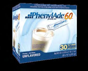 Metabolics 58 Phenylalanine free Complete with essential vitamins and minerals Only 49 calories per serving PhenylAde60 Drink Mix provides 60 g of protein equivalent and 1 g of fat per 100 g of