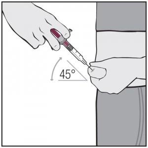 Step D Injecting the dose 1. Hold the syringe in the hand you will use to inject yourself (if it is a pre-filled syringe, check the label to make sure you have the right drug). 2.
