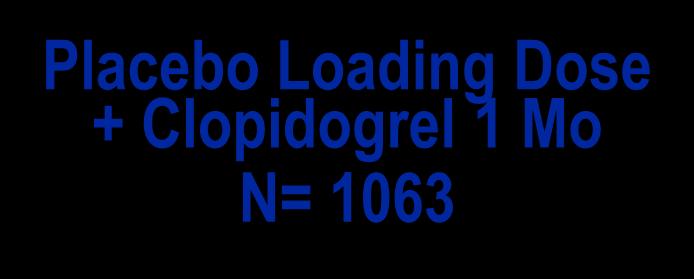 Clinical Characteristics (I) Clopidogrel Loading Dose + Clopidogrel 1 Year N= 1053 Placebo Loading Dose + Clopidogrel 1 Mo N= 1063 Age (yrs) 61+5 62+7 NS Male Sex (%) 70.7% 72.1% NS Diabetes (%) 27.