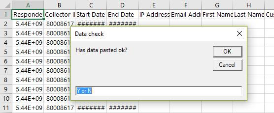 7. Enter Y and click OK if the data appears to have been pasted correctly behind the dialogue box (Figure 16).
