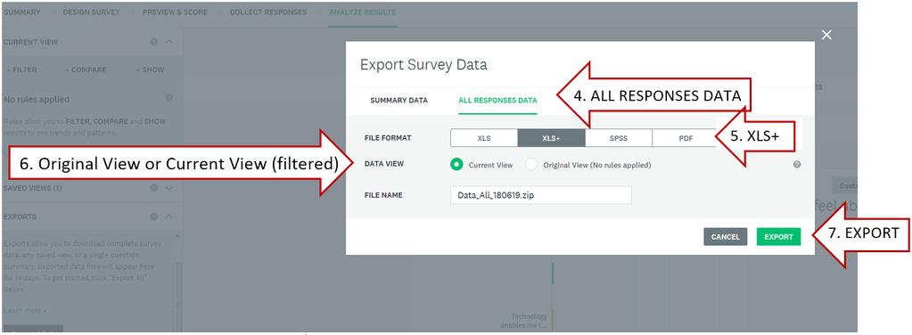 Figure 6: Data export and file options Filters. To download a subset of data Data can be limited to a subset of interest, e.g. data for one specific group or responses to a question, prior to downloading.
