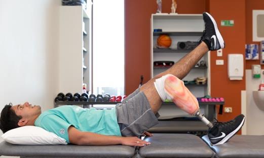 Single leg bridging with prosthesis Hold your sound limb in air, with your prosthetic foot on the bed with your knee bent.